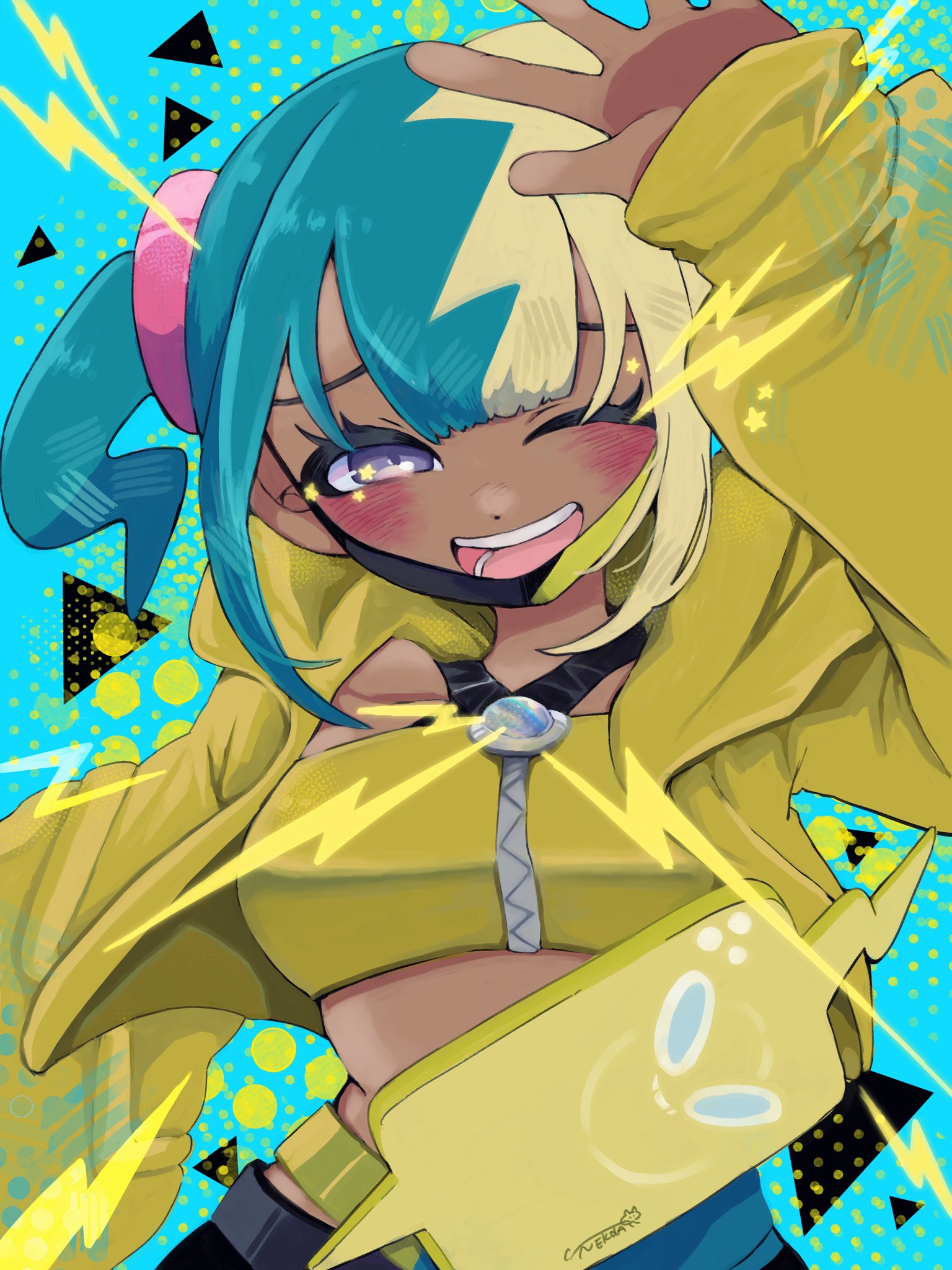 canari (pokemon), rotom, rotom phone, nintendo, pokemon, pokemon legends: z-a, highres, 1girl, ;d, blonde hair, blue background, blue hair, blush, crop top, dark-skinned female, dark skin, eyelashes, gen 4 pokemon, jacket, kininaru ano ko, long sleeves, looking at viewer, multicolored hair, one eye closed, open clothes, open jacket, open mouth, purple eyes, sleeves past wrists, smile, teeth, two-tone hair, upper body, yellow jacket