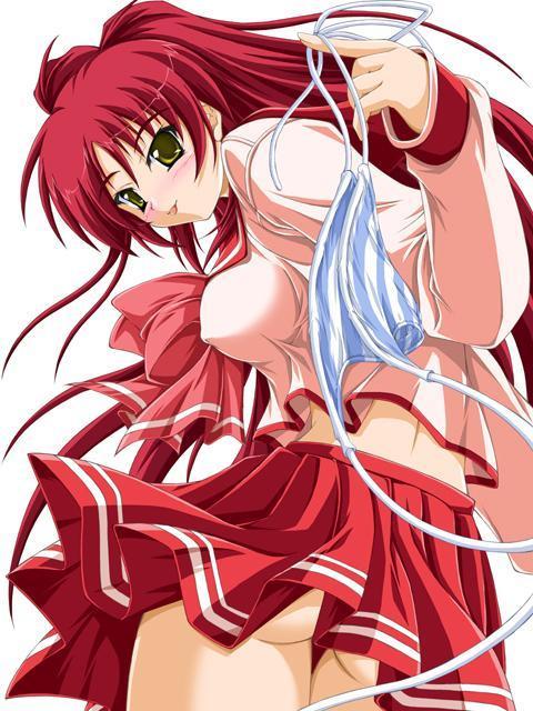 kousaka tamaki, to heart (series), to heart 2, 00s, ass, blush, green eyes, long hair, panties, red hair, side-tie panties, striped clothes, striped panties, thighhighs, tongue, underwear