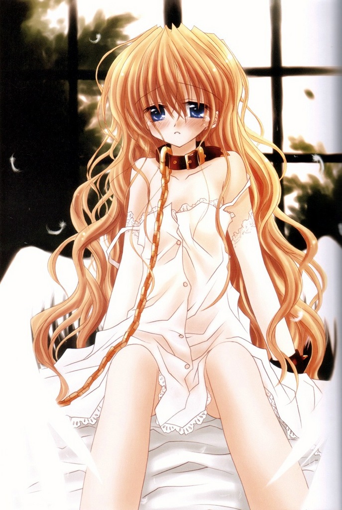 sakurazawa izumi, 00s, 1girl, bare shoulders, bdsm, bed, blonde hair, blue eyes, blush, bondage, bound, chain, collar, crying, crying with eyes open, curly hair, dress, feathers, female focus, indoors, long hair, sitting, solo, tears, window