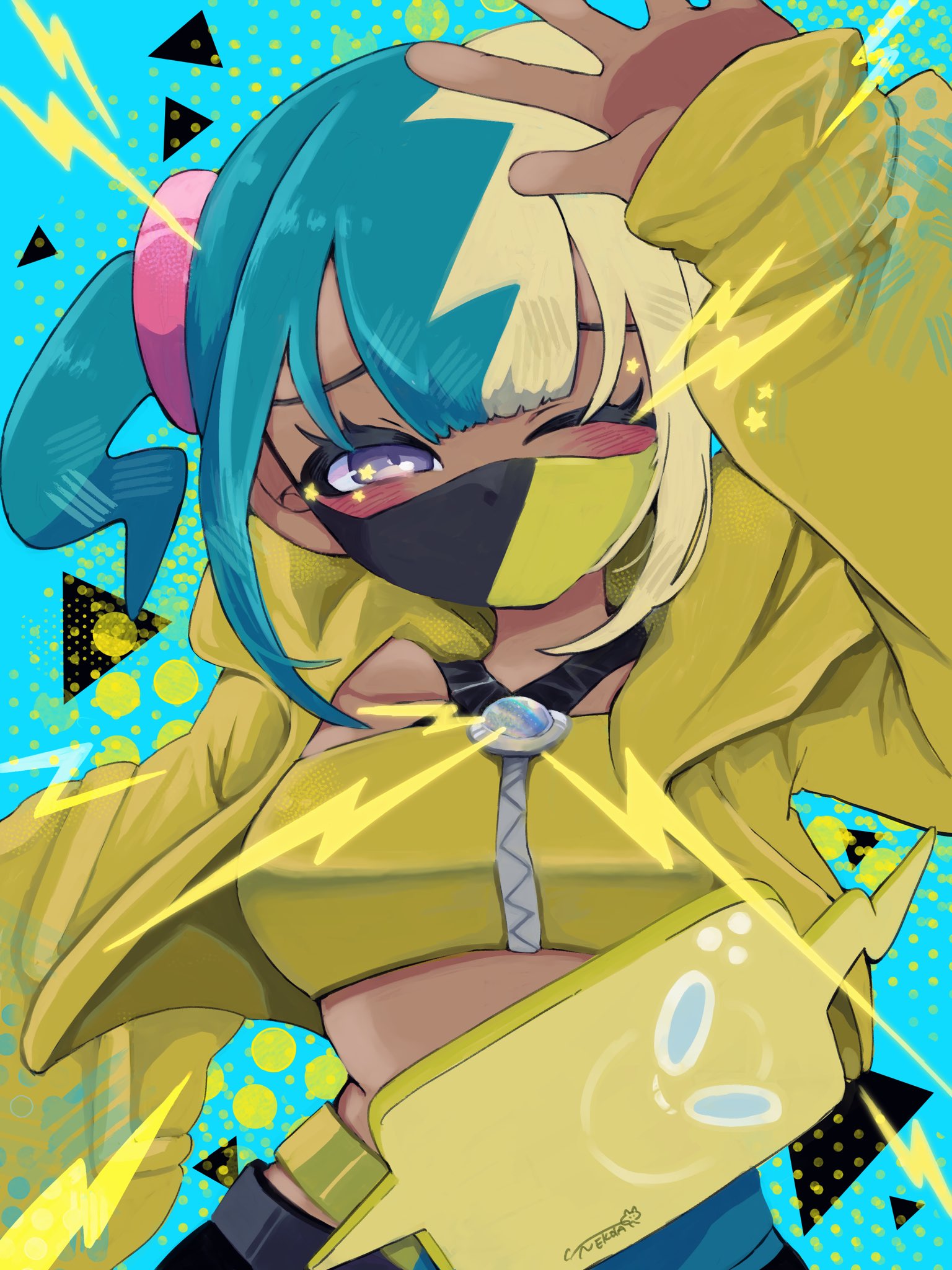 canari (pokemon), rotom, rotom phone, nintendo, pokemon, pokemon legends: z-a, highres, 1girl, blonde hair, blue background, blue hair, blush, crop top, dark-skinned female, dark skin, eyelashes, gen 4 pokemon, jacket, kininaru ano ko, long sleeves, looking at viewer, mask, mouth mask, multicolored hair, one eye closed, open clothes, open jacket, purple eyes, sleeves past wrists, two-tone hair, upper body, yellow jacket