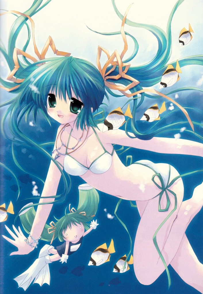 blush, bra, bracelet, breasts, cleavage, green eyes, green hair, hair ribbon, happy, jewelry, lingerie, long hair, navel, ribbon, underwater, underwear
