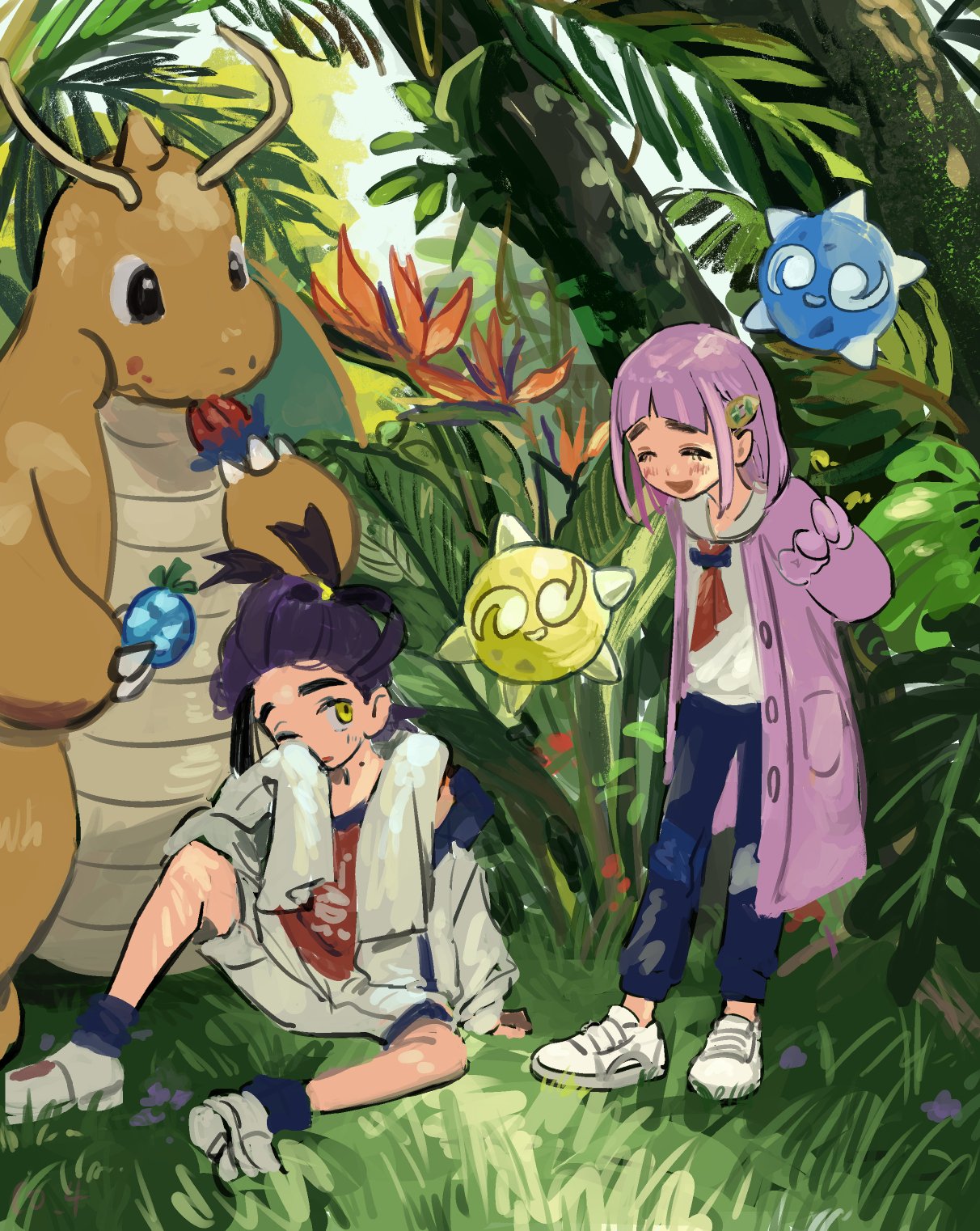 assassinookayu, dragonite, kieran (pokemon), lacey (pokemon), minior, minior (blue core), minior (core), minior (yellow core), nintendo, pokemon, pokemon sv, highres, 1boy, 1girl, arms behind back, berry (pokemon), black hair, blush, closed eyes, day, eating, food, food on face, forest, gen 1 pokemon, gen 7 pokemon, grass, holding, jacket, leaf, long sleeves, mole, mole on neck, nature, one eye closed, open clothes, open jacket, open mouth, outdoors, pants, pokemon (creature), purple hair, shirt, shoes, shorts, sitting, standing, towel, towel around neck, tree, white shoes, yellow eyes