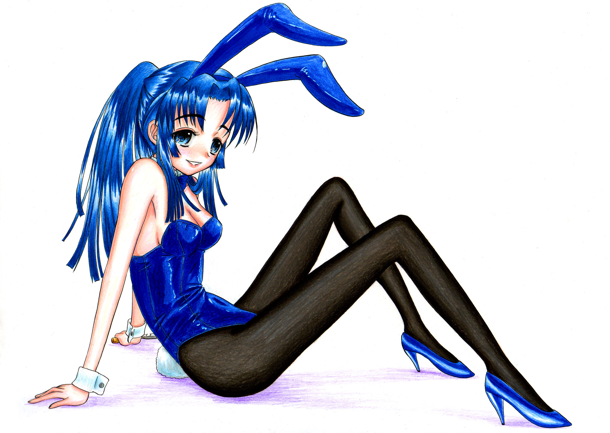 hidaka medaka, asakura ryoko, suzumiya haruhi no yuuutsu, bad id, bad pixiv id, highres, traditional media, 00s, animal ears, blue eyes, blue hair, fake animal ears, long hair, pantyhose, playboy bunny, ponytail, rabbit ears, solo