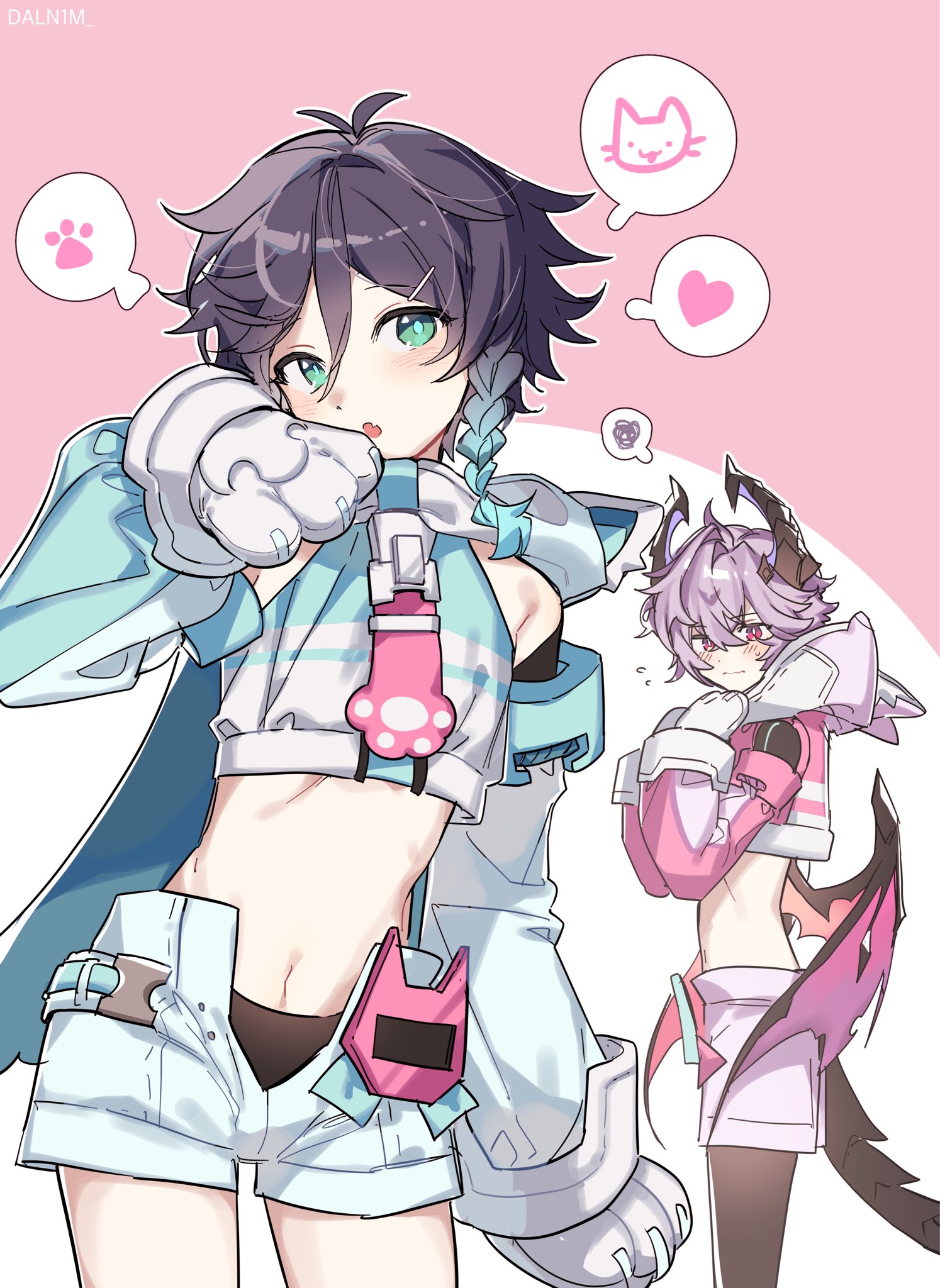 daln1m, mini durin (genshin impact), mini durin (human) (genshin impact), venti (genshin impact), genshin impact, highres, 2boys, animal hands, black hair, black pantyhose, blue hair, blush, braid, crop top, demon boy, demon wings, detached sleeves, dragon horns, gloves, gradient hair, green eyes, heart, hood, horns, long sleeves, looking at viewer, male focus, midriff, multicolored hair, multiple boys, navel, open mouth, pantyhose, paw gloves, paw print, pink background, purple hair, red eyes, short hair, short shorts, shorts, speech bubble, spoken heart, spoken squiggle, squiggle, tail, trap, twin braids, white gloves, white shorts, wings