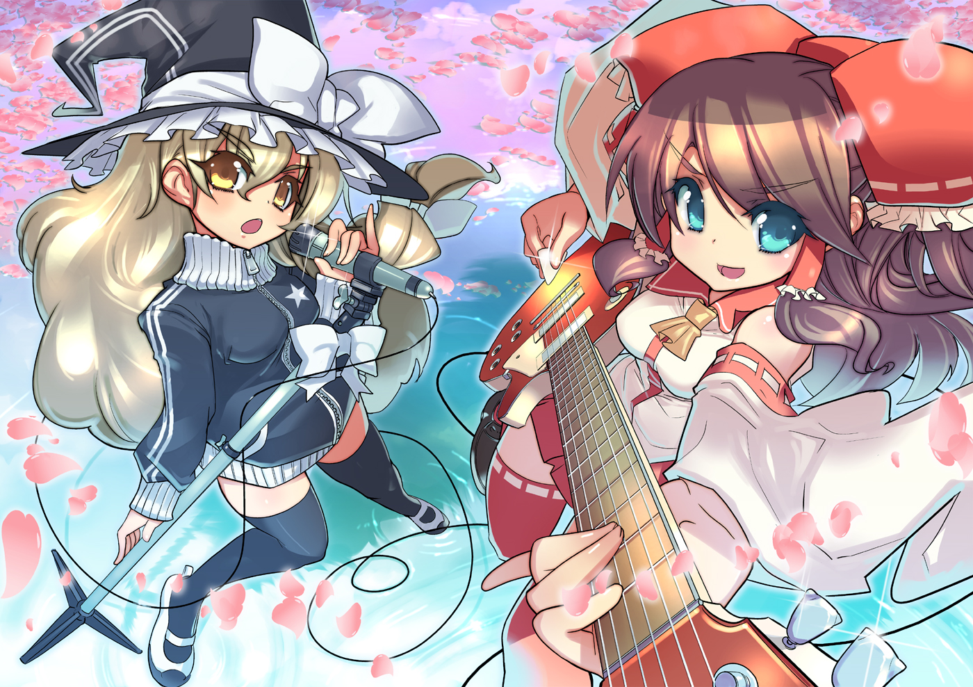 a-walk, fujishima-sei ichi-gou, hakurei reimu, kirisame marisa, touhou, 2girls, aqua eyes, blonde hair, brown hair, cherry blossoms, colored eyelashes, electric guitar, female focus, gibson les paul, guitar, hat, instrument, long hair, microphone, microphone stand, multiple girls, sweater, thighhighs, witch, witch hat, yellow eyes