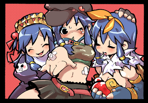 alchemist (ragnarok online), hunter (ragnarok online), priest (ragnarok online), ragnarok online, commentary request, lowres, 3girls, belt, black border, black eyes, black skirt, blue gloves, blue hair, border, bow, bow hairband, breasts, brown gloves, brown hat, cleavage, closed eyes, crop top, dress, elbow gloves, fingerless gloves, frilled hairband, frills, fur collar, gloves, hairband, halftone, halftone background, haruko504, hat, juliet sleeves, long hair, long sleeves, medium breasts, midriff, multiple girls, navel, newsboy cap, one eye closed, open mouth, orange bow, potion, puffy sleeves, purple dress, red background, red belt, red hairband, skirt, smile, upper body