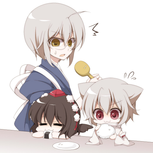 yuki miya, yuki yuki, inubashiri momiji, morichika rinnosuke, shameimaru aya, touhou, bad id, bad pixiv id, >:3, >:o, 1boy, 2girls, :3, :o, = =, ^^^, animal ears, black wings, chibi, flying sweatdrops, food, hat, multiple girls, onigiri, plate, rice, shamoji, tokin hat, v-shaped eyebrows, wings