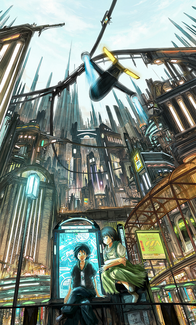 cii (cii0000), original, bad id, bad pixiv id, highres, 1boy, 1girl, aircraft, airplane, building, city, cityscape, day, flying, map, scenery, science fiction, ship, sitting, sky, watercraft