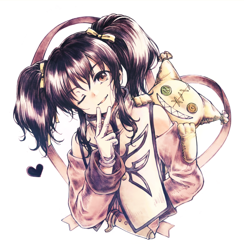 anise tatlin, tokunaga (tales), tales of (series), tales of the abyss, commentary request, 1girl, bare shoulders, black hair, brown eyes, dress, gloves, hair ribbon, heart, leaning to the side, long hair, long sleeves, looking at viewer, nainainame774, one eye closed, parted lips, pink dress, ribbon, simple background, solo, tabard, twintails, upper body, white background, white gloves, white tabard, yellow ribbon