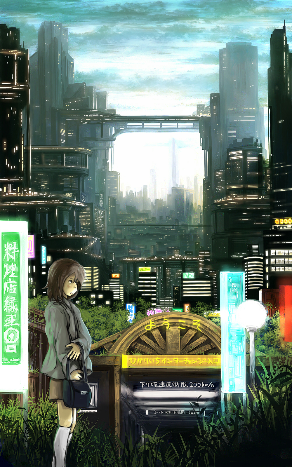 cii (cii0000), bad id, bad pixiv id, highres, 1girl, architecture, bag, bridge, city, cloud, covered bridge, day, female focus, grass, plant, scenery, science fiction, sign, skirt, sky, solo, tunnel