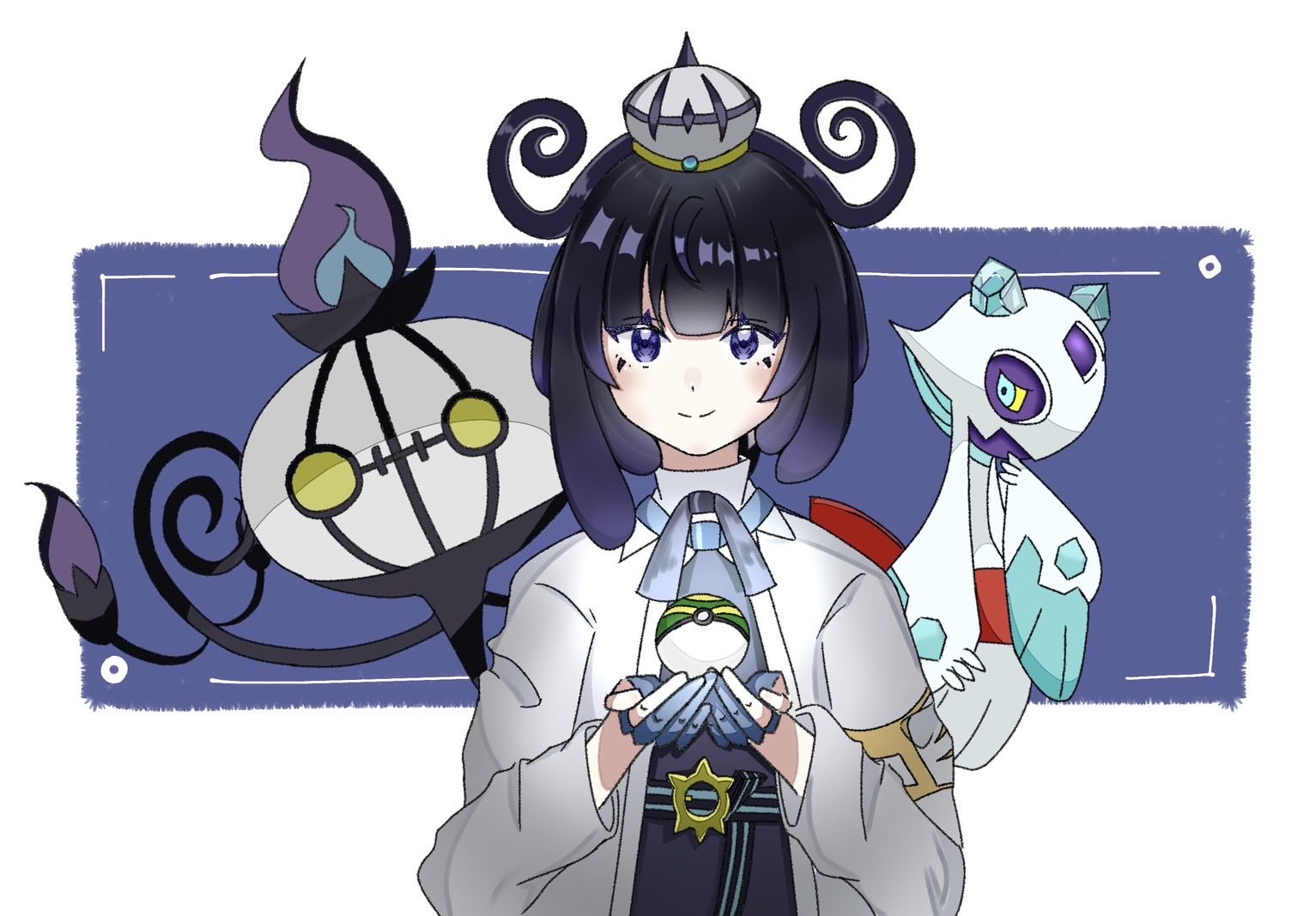 chandelure, froslass, gwynn (pokemon), nintendo, pokemon, pokemon legends: z-a, commentary request, 1girl, belt, belt buckle, black dress, black hair, blue gloves, bob cut, buckle, closed mouth, coat, dress, gen 4 pokemon, gen 5 pokemon, gloves, gradient hair, hat, holding, holding poke ball, kayanoart, long sleeves, looking at viewer, multicolored hair, nest ball, o-ring, o-ring belt, open clothes, open coat, partially fingerless gloves, poke ball, pokemon (creature), purple eyes, purple hair, short hair, smile, upper body, white coat, white hat