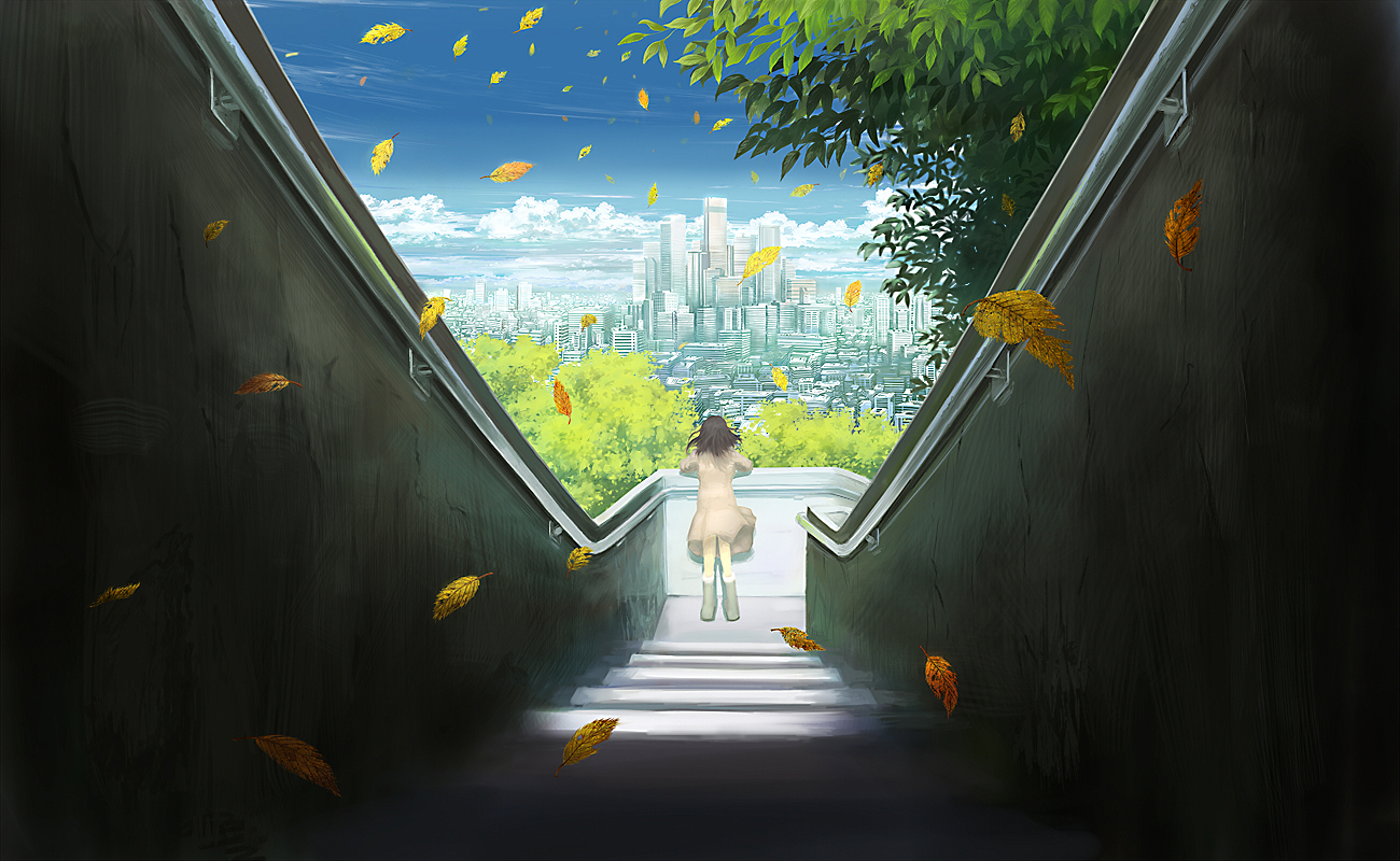 cii (cii0000), bad id, bad pixiv id, 1girl, black hair, boots, city, day, dress, female focus, leaf, nature, outdoors, scenery, short hair, skirt, sky, solo, stairs, tree, wind