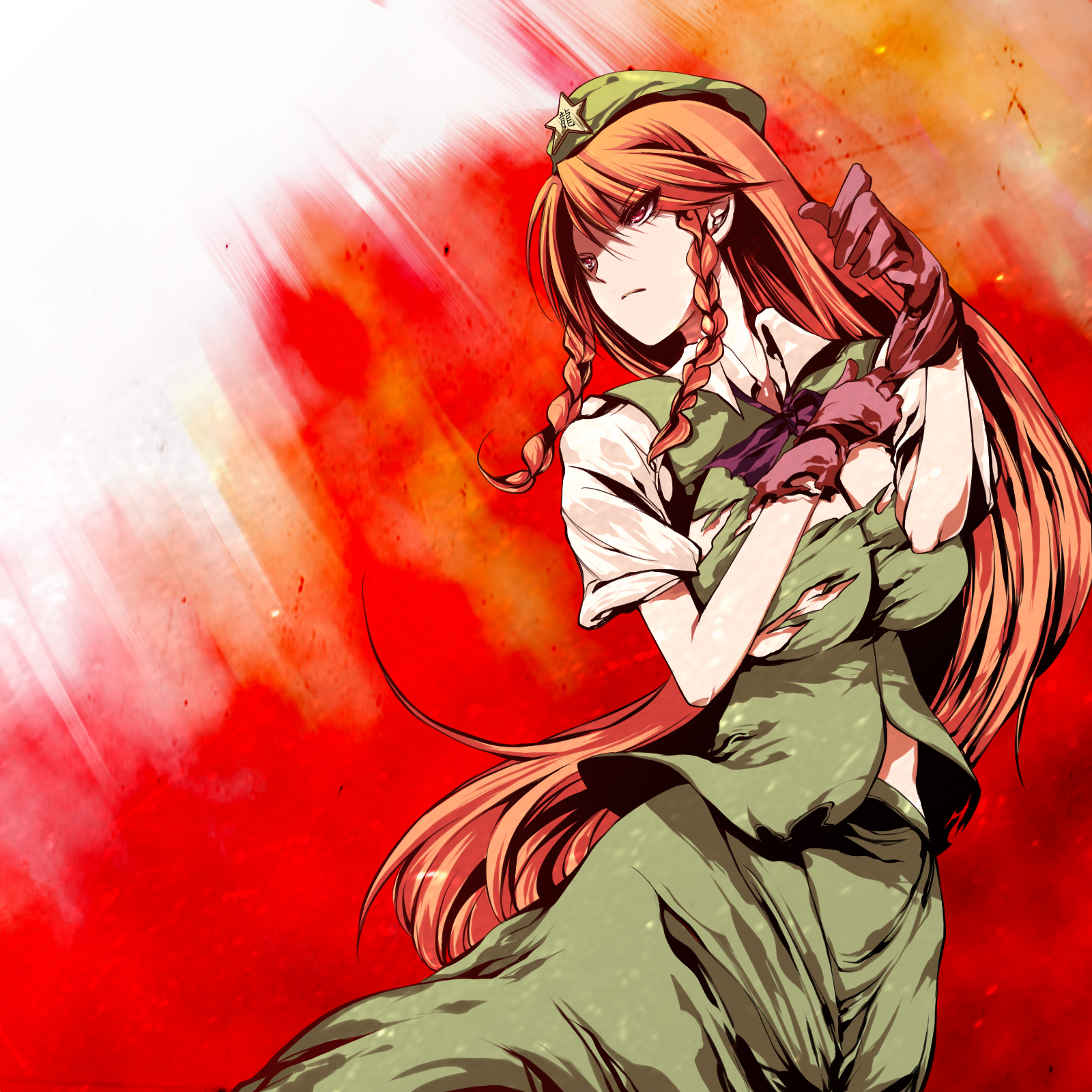 atoshi, ex-meiling, hong meiling, immaterial and missing power, touhou, bad id, bad pixiv id, highres, 1girl, breasts, female focus, gloves, hat, large breasts, long hair, red eyes, red hair, solo, torn clothes, very long hair