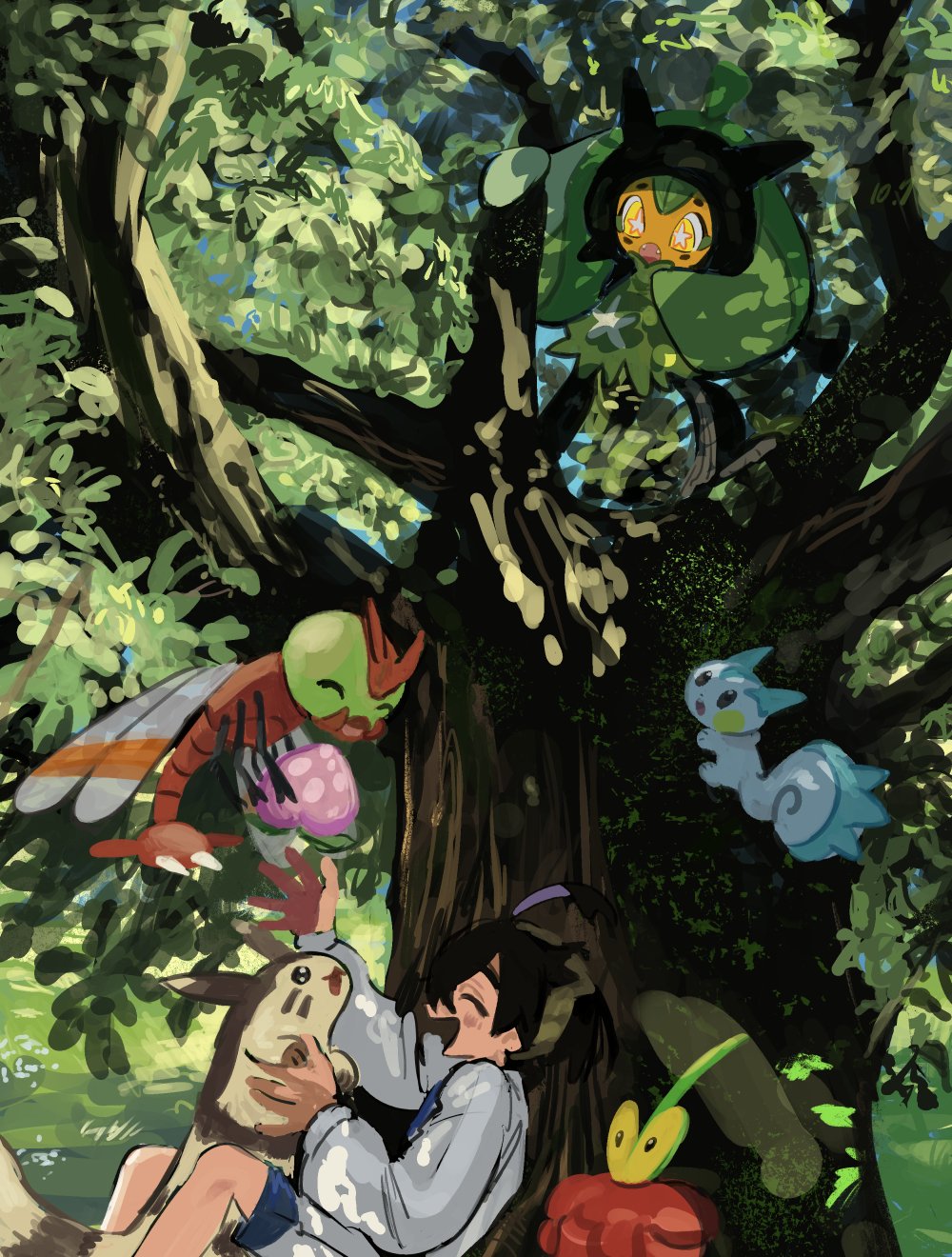 assassinookayu, dipplin, furret, kieran (pokemon), ogerpon, pachirisu, yanma, nintendo, pokemon, pokemon sv, highres, 1boy, ^ ^, berry (pokemon), black hair, closed eyes, day, fangs, gen 2 pokemon, gen 4 pokemon, hair between eyes, holding, in tree, jacket, long sleeves, male focus, open mouth, outdoors, pecha berry, pokemon (creature), shorts, star-shaped pupils, star (symbol), symbol-shaped pupils, tree