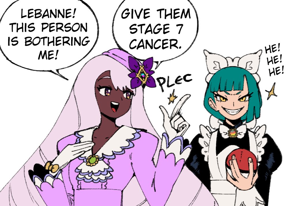 wanderjegson, jacinthe (pokemon), lebanne (pokemon), nintendo, pokemon, pokemon legends: z-a, commentary, 2girls, :d, apron, black dress, bow, bowtie, collarbone, dark-skinned female, dark skin, dress, english text, eyelashes, gloves, green hair, grin, hat, holding, holding poke ball, index finger raised, long hair, multiple girls, open mouth, poke ball, poke ball (basic), simple background, smile, snapping fingers, speech bubble, teeth, tongue, upper teeth only, white apron, white background, white bow, white bowtie, white gloves, yellow eyes