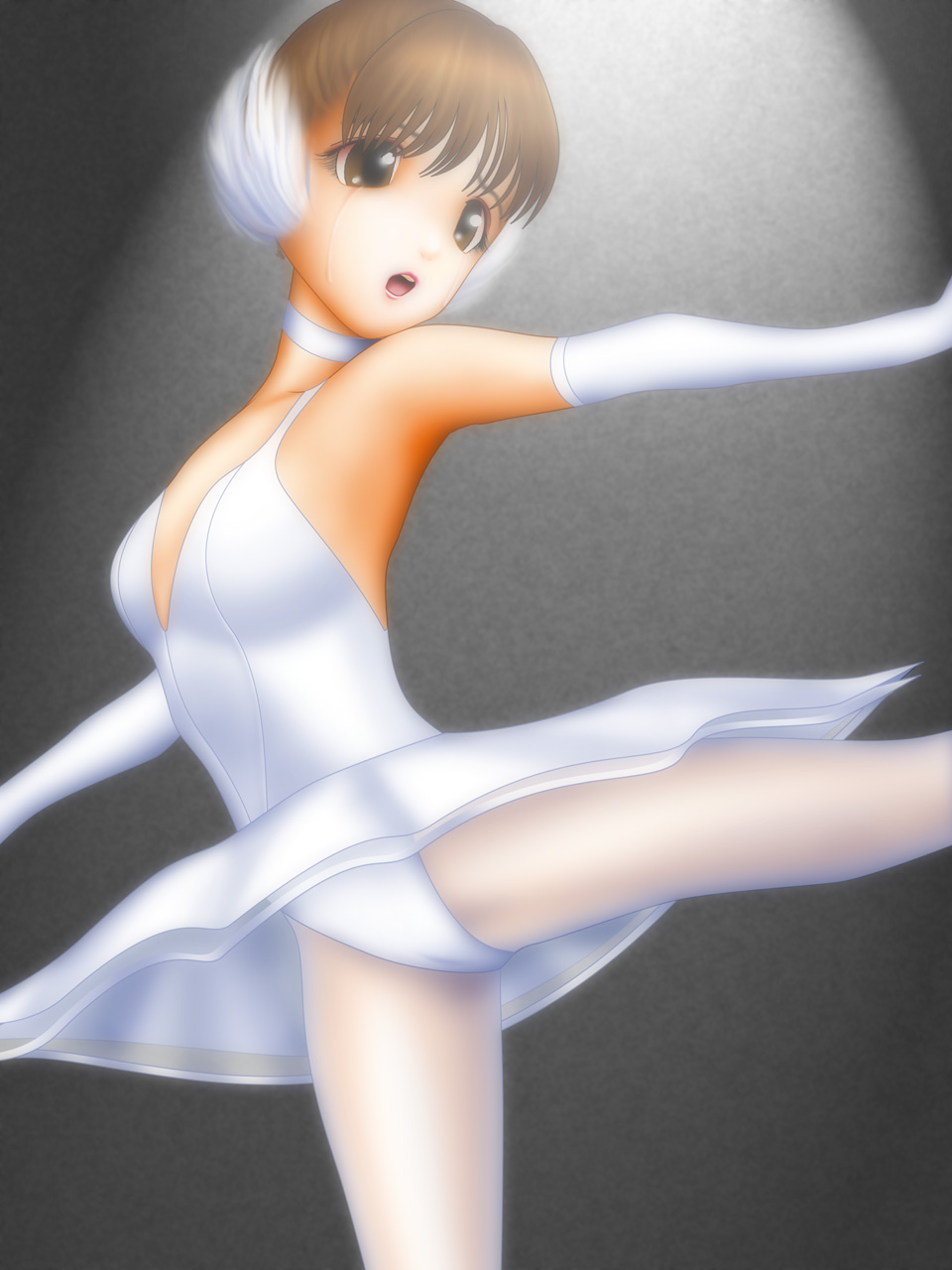samejima makoto, samejima minoru, highres, 1girl, ballerina, ballet, brown eyes, brown hair, cameltoe, choker, elbow gloves, female focus, gloves, leotard, open mouth, pantyhose, solo, tears, tutu, white gloves, white pantyhose