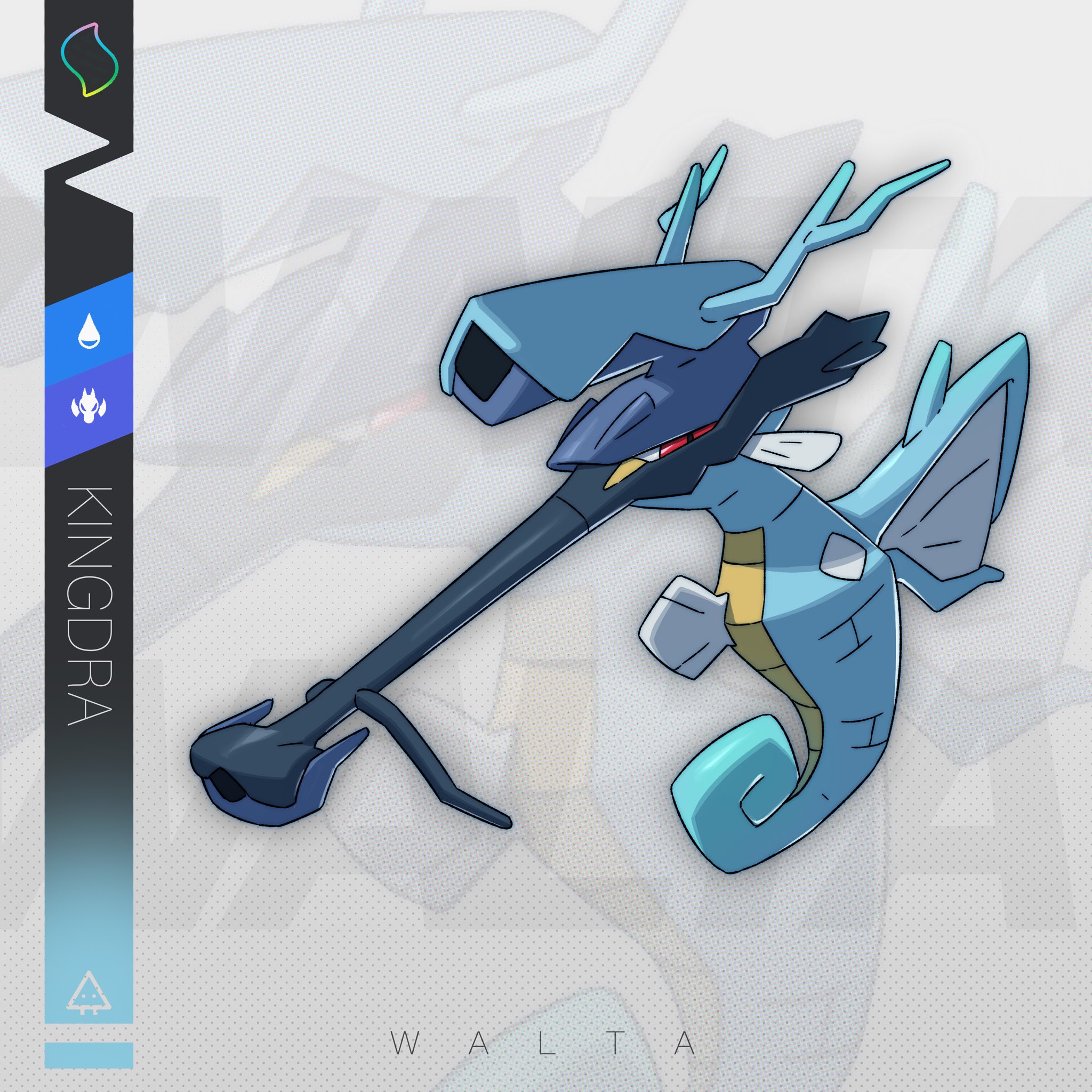 kingdra, nintendo, pokemon, highres, art walta, character name, fish, full body, gen 2 pokemon, looking at viewer, mega pokemon (other), no humans, pokemon (creature), pokemon focus, scope, seahorse, solo