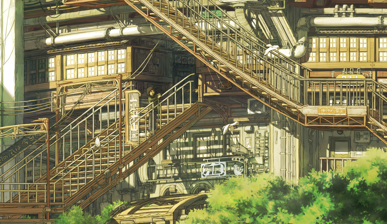 cii (cii0000), original, bad id, bad pixiv id, gender request, androgynous, bird, bush, industrial pipe, jersey, open mouth, scenery, solo, stairs, standing, window