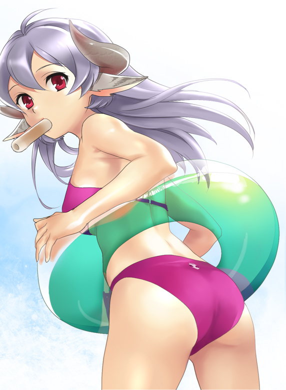fujisaka kuuki, silver hair, animal ears, ass, bikini, cow ears, from behind, from below, horns, innertube, long hair, looking back, mouth hold, purple bikini, red bikini, red eyes, solo, swim ring, swimsuit