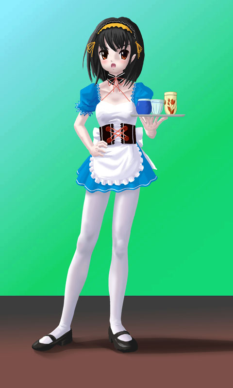 usui hisashi, usui ou, suzumiya haruhi, suzumiya haruhi no yuuutsu, bad id, bad pixiv id, 00s, 1girl, blush, brown eyes, brown hair, female focus, maid, open mouth, pantyhose, short hair, solo, tray, waitress, white pantyhose