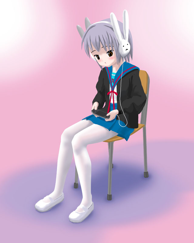 usui hisashi, usui ou, nagato yuki, suzumiya haruhi no yuuutsu, silver hair, bad id, bad pixiv id, 00s, 1girl, blush, bunny headphones, chair, female focus, handheld game console, headphones, pantyhose, pink background, playing games, playstation portable, school uniform, serafuku, short hair, solo, video game, white pantyhose