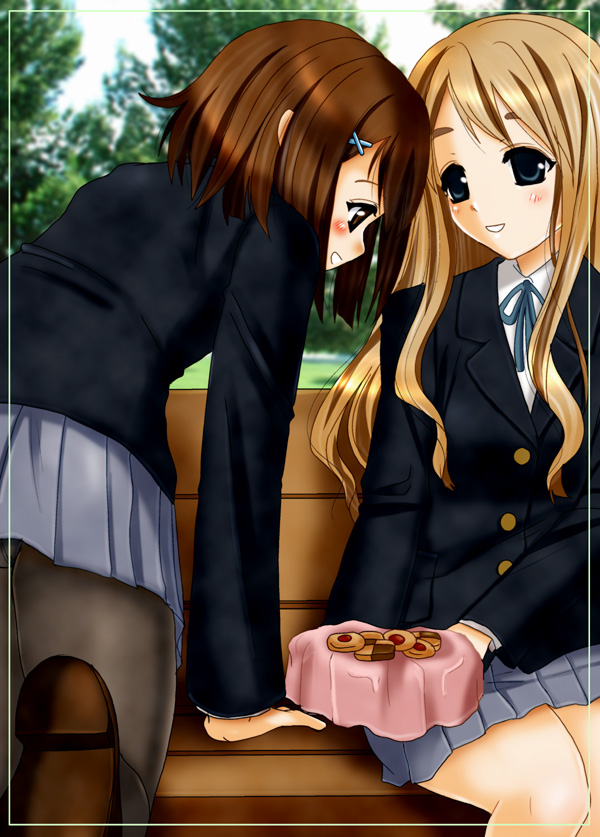 inumori sayaka, hirasawa yui, kotobuki tsumugi, k-on!, 00s, 2girls, all fours, bench, blonde hair, blue eyes, brown eyes, brown hair, checkerboard cookie, cookie, crotch seam, food, long hair, multiple girls, panties, panties under pantyhose, pantyhose, school uniform, short hair, thumbprint cookie, underwear, upskirt, yuri