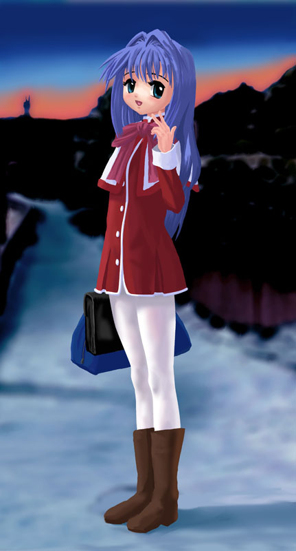 usui hisashi, usui ou, minase nayuki, kanon, bad id, bad pixiv id, 1girl, blue eyes, blue hair, blush, boots, female focus, long hair, matching hair/eyes, open mouth, pantyhose, red skirt, school uniform, skirt, sky, snow, solo, white pantyhose