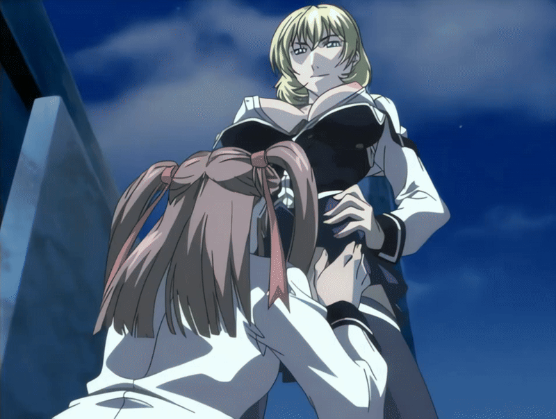 jody crowley, toudou yuki, bible black, bible black new testament, shin bible black, animated, animated gif, tagme, 00s, 1futa, 1girl, 2005, american, blonde hair, blue eyes, breasts, brown hair, clothes lift, futanari, hair ribbon, large breasts, multiple girls, night, nipples, open clothes, ribbon, school uniform, shiny skin, short hair, skirt, skirt lift, talking, tan, thighhighs, twintails, uncensored, yuri