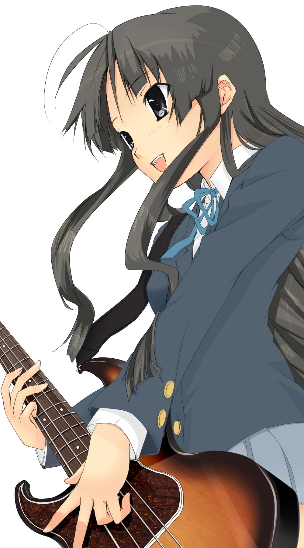 do-chi, akiyama mio, k-on!, colorized, highres, 00s, 1girl, bass guitar, black eyes, black hair, blunt bangs, female focus, guitar, hime cut, instrument, long hair, school uniform, solo