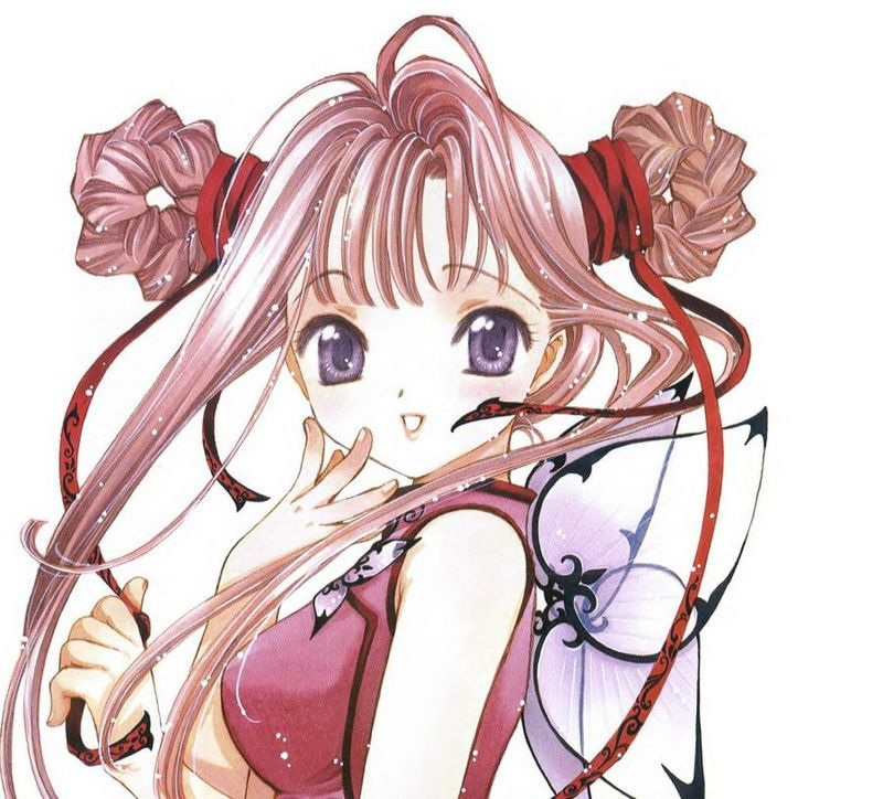 blush, fairy, hair ribbon, hair rings, happy, long hair, pink hair, purple eyes, ribbon, wings