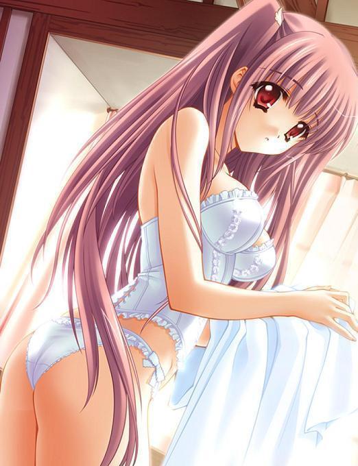 bustier, long hair, purple hair, red eyes, thighhighs