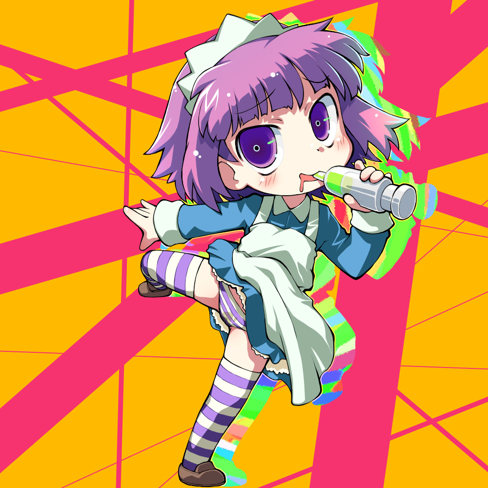 sakurabe notos, yakui, futaba channel, nijiura maids, 1girl, apron, blue dress, blush, bob cut, chibi, colorful, dress, drooling, full body, holding, holding syringe, large syringe, leg up, maid, maid headdress, mouth drool, oversized object, panties, pantyshot, pee stain, peeing, peeing self, purple eyes, purple hair, short hair, striped clothes, striped panties, striped thighhighs, syringe, thighhighs, underwear