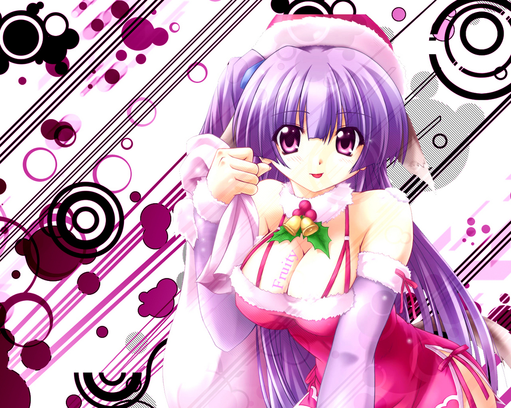 animal ears, breasts, cat ears, cat tail, christmas, cleavage, hat, long hair, purple eyes, purple hair, santa hat, tail, tongue