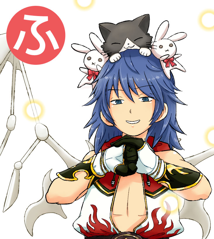 nama mana, champion (ragnarok online), ragnarok online, commentary request, 1boy, animal, animal on head, black cat, black gloves, blue eyes, blue hair, blush, cat, cat on head, coat, cracking knuckles, energy ball, flame print, gloves, gold trim, grin, hair ornament, long hair, looking at viewer, male focus, on head, open clothes, open coat, rabbit hair ornament, skeletal wings, sleeveless, sleeveless coat, smile, solo, upper body, white coat, white gloves, wings