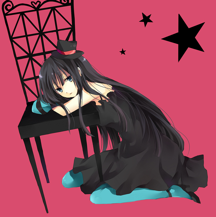karu, yuzuki karu, akiyama mio, don't say "lazy", k-on!, bad id, bad pixiv id, 00s, 1girl, bare shoulders, black hair, blue eyes, blue pantyhose, chair, female focus, gloves, hat, high heels, kneeling, long hair, mini hat, mini top hat, pantyhose, shoes, single glove, solo, star (symbol), striped clothes, striped gloves, top hat