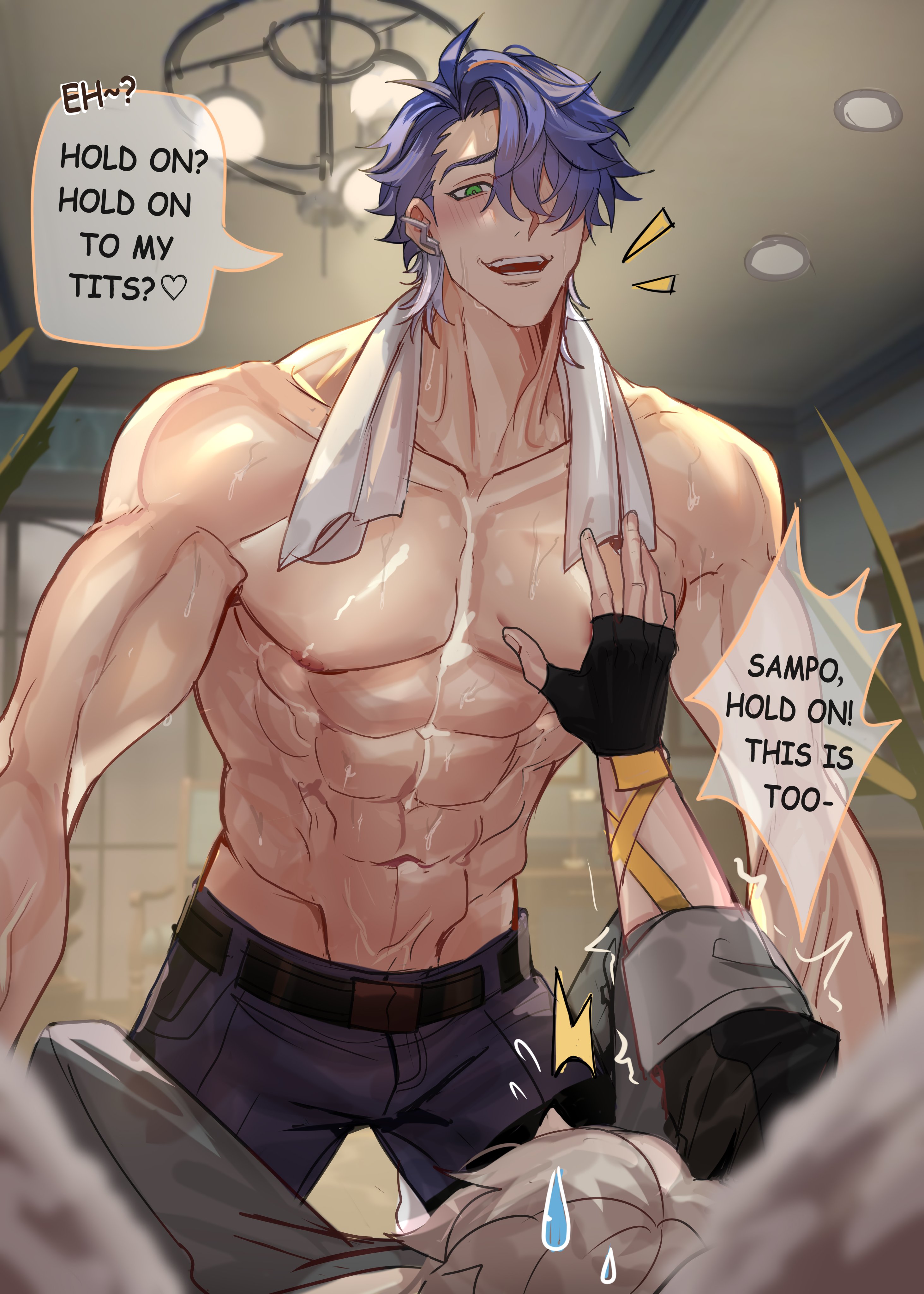 haze (ha ze), caelus (honkai: star rail), sampo koski, trailblazer (honkai: star rail), honkai: star rail, honkai (series), absurdres, highres, 2boys, abs, belt, black belt, black gloves, blue hair, blue pants, blush, collarbone, english text, fingerless gloves, gloves, green eyes, hair over one eye, male focus, multiple boys, navel, nipples, pants, pectoral grab, pectorals, short hair, solo focus, speech bubble, sweat, teeth, topless male, towel, towel around neck, yaoi