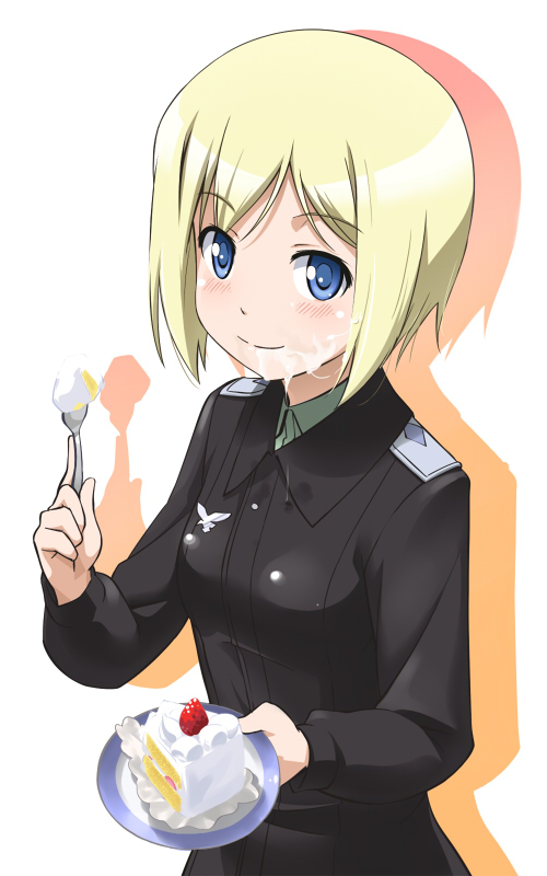 youkan, erica hartmann, strike witches, world witches series, messy, bad id, bad pixiv id, commentary, 00s, 1girl, blonde hair, blue eyes, cake, cum, cum on body, cum on food, eating, facial, female focus, food, food on face, pastry, sexually suggestive, short hair, smile, solo, suggestive fluid