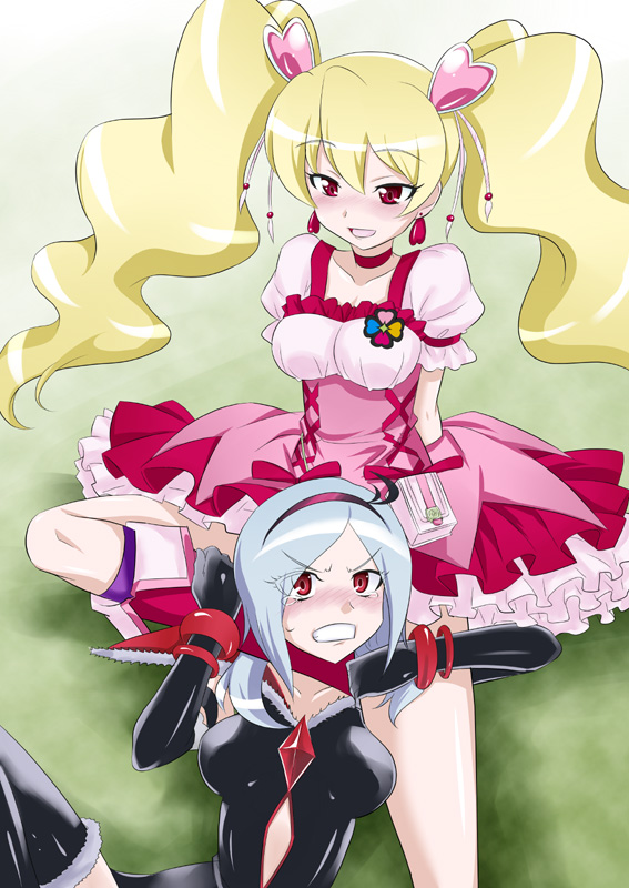 nakahira guy, cure peach, eas (fresh precure!), higashi setsuna, momozono love, fresh precure!, precure, silver hair, 00s, 2girls, blonde hair, blush, boots, bow, breasts, choker, dress, earrings, elbow gloves, eyelashes, gloves, hair ornament, hairband, heart, heart hair ornament, jewelry, large breasts, leg lock, long hair, magical girl, multiple girls, naughty face, pink boots, pink bow, red eyes, short hair, strangling, tears, twintails