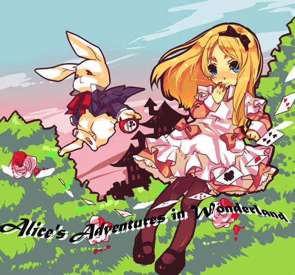 abi, abitu, alice (alice in wonderland), white rabbit (alice in wonderland), alice's adventures in wonderland, 1girl, blonde hair, blush, card, child, dress, floating card, flower, long hair, mary janes, pantyhose, rabbit, rose, shoes