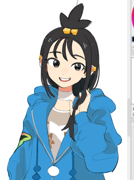 lida (pokemon), nintendo, pokemon, pokemon legends: z-a, 1girl, black eyes, black hair, blue hoodie, blue jacket, cube hair ornament, hair bobbles, hair ornament, hand in own hair, hand up, honnnkkmimimimi, hood, hooded jacket, hoodie, jacket, long hair, long sleeves, looking at viewer, open mouth, smile, solo, topknot, upper body