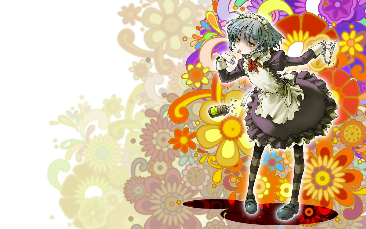 kumaushi, yakui, futaba channel, nijiura maids, commentary request, photoshop (medium), 1girl, apron, bags under eyes, blush stickers, colorful, cuffs, dress, drugged, drugs, floral background, frills, grey hair, handcuffs, looking at viewer, maid, maid headdress, mary janes, neck ribbon, pantyhose, pill, psychedelic, raised eyebrow, red eyes, ribbon, shoes, short hair, smile, striped clothes, striped pantyhose, syringe, tongue