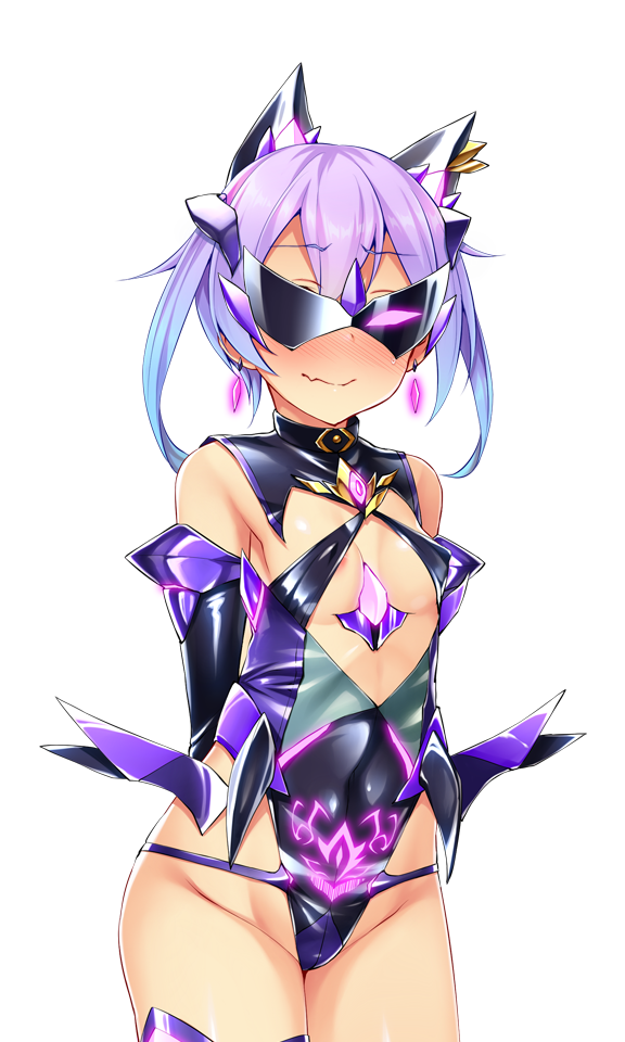 satou kuuki, fujii natsumi (ysphere), soukou seiki ysphere, game cg, large variant set, non-web source, official art, variant set, 1girl, animal ears, arms behind back, bare shoulders, blue hair, blush, breasts, closed mouth, corruption, covered erect nipples, covered navel, cowboy shot, dark persona, detached sleeves, earrings, elbow gloves, evil aqua, eye mask, fang, gem, gloves, glowing, gradient hair, highleg, highleg leotard, jewelry, leotard, looking at viewer, mask, multicolored hair, nose blush, pubic tattoo, purple hair, shiny clothes, simple background, skin fang, small breasts, smile, solo, standing, sunglasses, tachi-e, tattoo, thighhighs, transparent background, twintails, white background