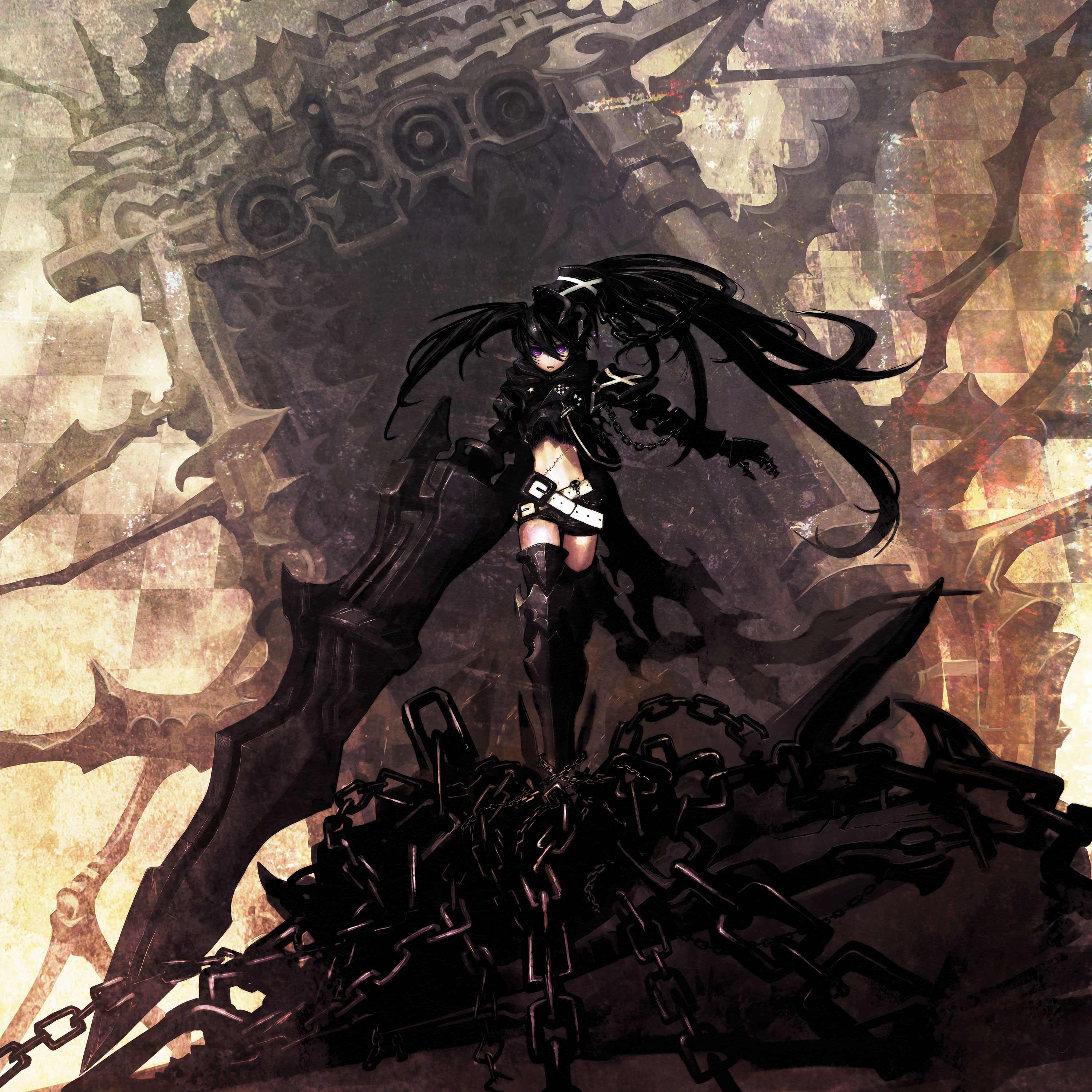 huke, insane black rock shooter, black rock shooter, absurdres, highres, 10s, 1girl, alternate costume, armor, belt, black hair, boots, chain, female focus, gauntlets, greaves, huge weapon, long hair, midriff, purple eyes, scar, shorts, solo, thigh boots, thighhighs, weapon
