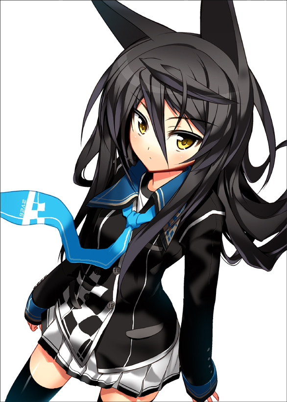 char, necro-san, original, 1girl, animal ears, black hair, black thighhighs, blush, brown eyes, female focus, long hair, necktie, solo, thighhighs, yellow eyes, zettai ryouiki