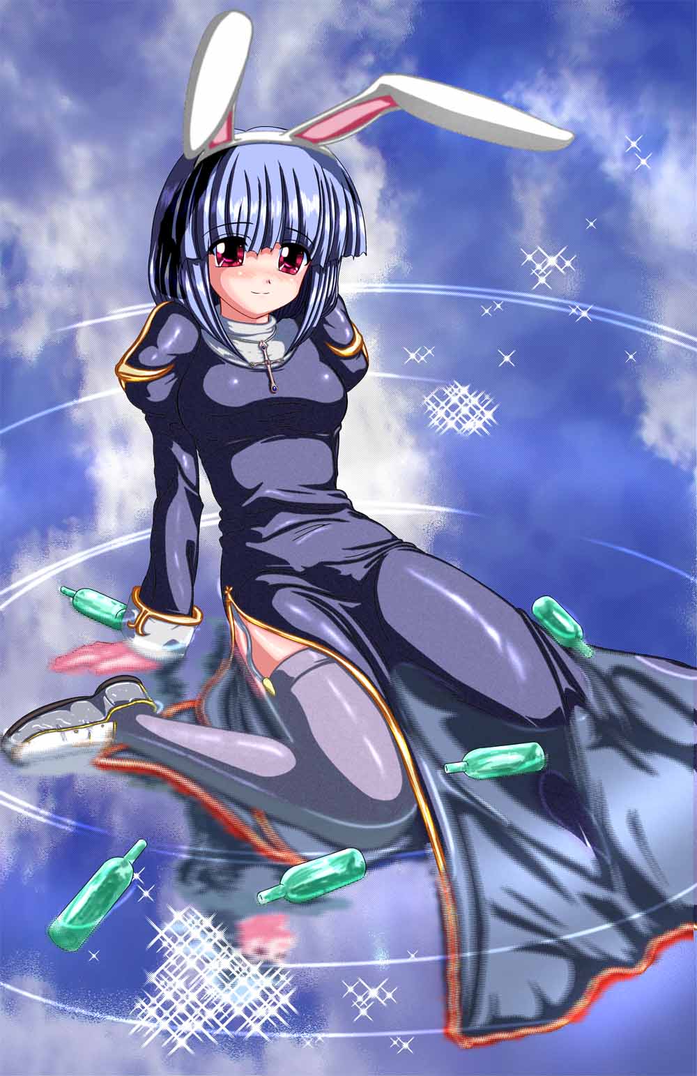 poring, priest (ragnarok online), ragnarok online, commentary request, highres, 1girl, 2000s (style), animal ears, blue hair, blunt bangs, blush, breasts, closed mouth, cloud, cross, cross necklace, dress, fake animal ears, full body, garter straps, ginsei (mugenmamiya), grey shoes, grey thighhighs, jewelry, juliet sleeves, long sleeves, looking at viewer, medium breasts, necklace, puffy sleeves, purple dress, rabbit ears, red eyes, reflection, reflective water, ripples, shoes, short hair, side slit, sitting, smile, solo, thighhighs, wariza, water