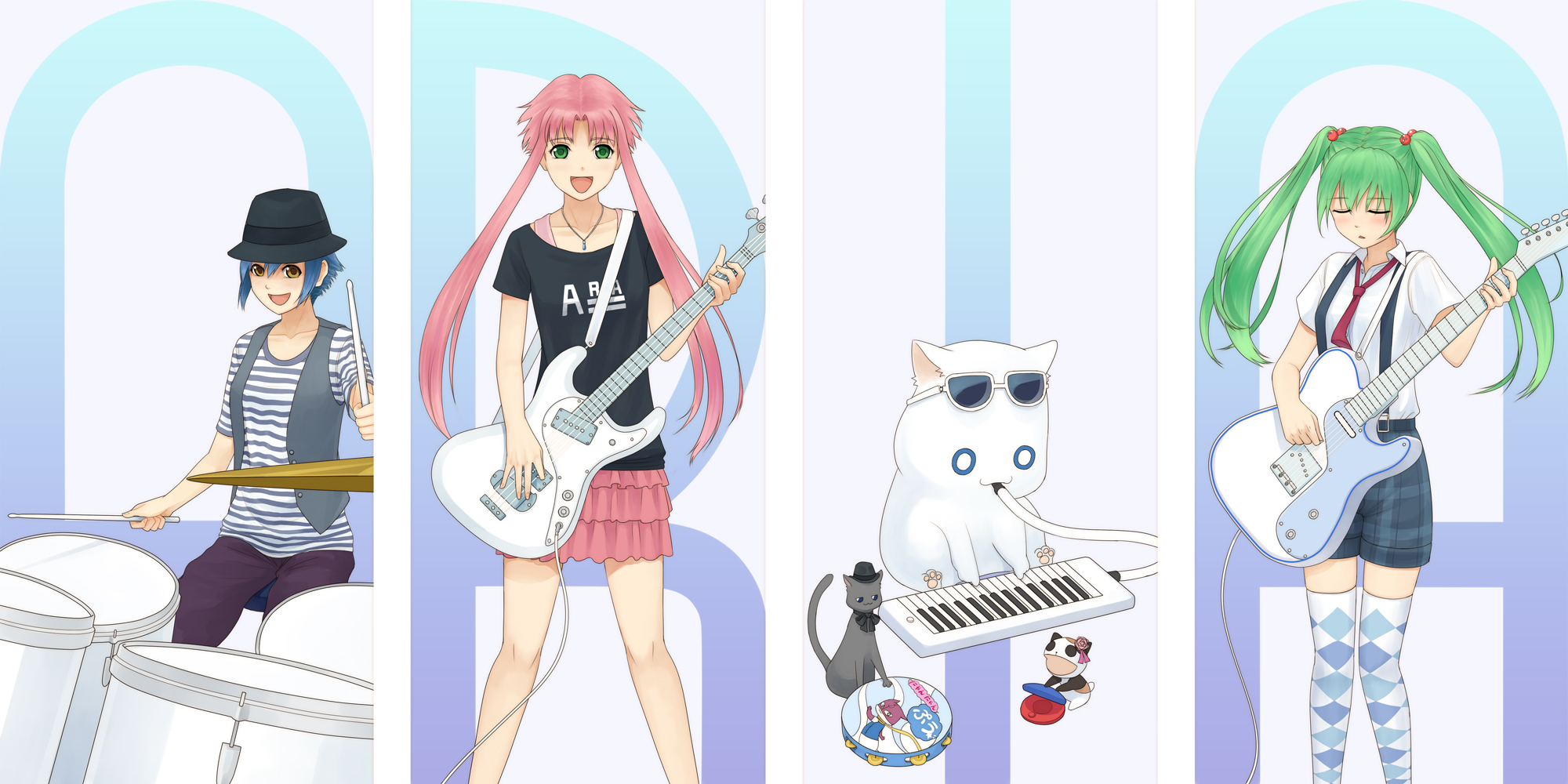 urue, aika granzchesta, alice carroll, aria pokoteng, hime granzchesta, mizunashi akari, president maa, aria (manga), striped, highres, 00s, 3girls, alternate costume, animal, band (music), bass guitar, black cat, blue hair, brown eyes, castanets, cat, drum, drum set, fedora, frills, green eyes, guitar, hat, instrument, jewelry, keyboard, keyboard (instrument), laughing, long hair, melodica, miniskirt, multiple girls, necklace, pink hair, pleated skirt, ribbon, short hair, sitting, skirt, smile, standing, suspenders, tambourine, thighhighs, twintails, vest, yellow eyes