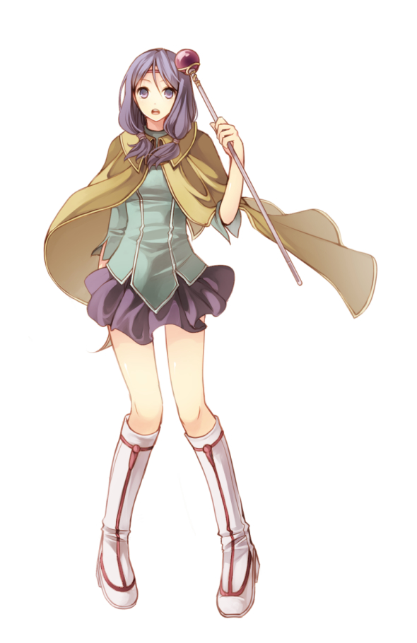 hijiri (resetter), hiz (pixiv), ilyana (fire emblem), fire emblem, fire emblem: path of radiance, fire emblem: radiant dawn, nintendo, bad id, bad pixiv id, 1girl, :o, boots, cape, circlet, female focus, full body, headband, legs, long hair, low-tied long hair, miniskirt, pigeon-toed, pleated skirt, purple eyes, purple hair, shoes, simple background, skirt, solo, staff, standing, white background