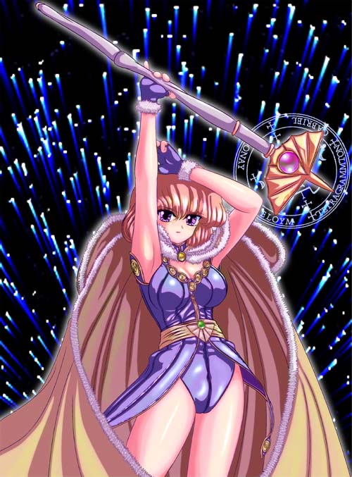 wizard (ragnarok online), ragnarok online, commentary request, 1girl, 2000s (style), armpits, arms up, black background, blonde hair, breasts, brown cape, brown sash, cape, closed mouth, cowboy shot, dress, expressionless, fingerless gloves, fur-trimmed cape, fur-trimmed gloves, fur trim, ginsei (mugenmamiya), gloves, holding, holding staff, large breasts, looking at viewer, magic circle, purple dress, purple eyes, purple gloves, short dress, short hair, short sleeves, solo, staff