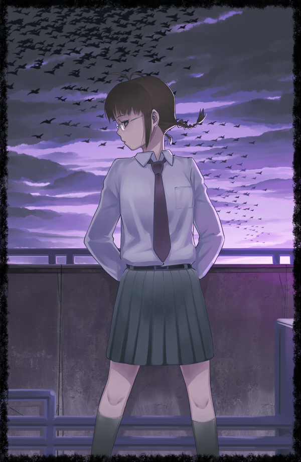inu (aerodog), akizuki ritsuko, idolmaster, idolmaster (classic), idolmaster 1, 00s, 1girl, belt, bird, braid, brown hair, dress shirt, female focus, glasses, miniskirt, necktie, outdoors, pleated skirt, ponytail, school uniform, shirt, short hair, side braid, single braid, skirt, sky, socks, solo, standing, twin braids
