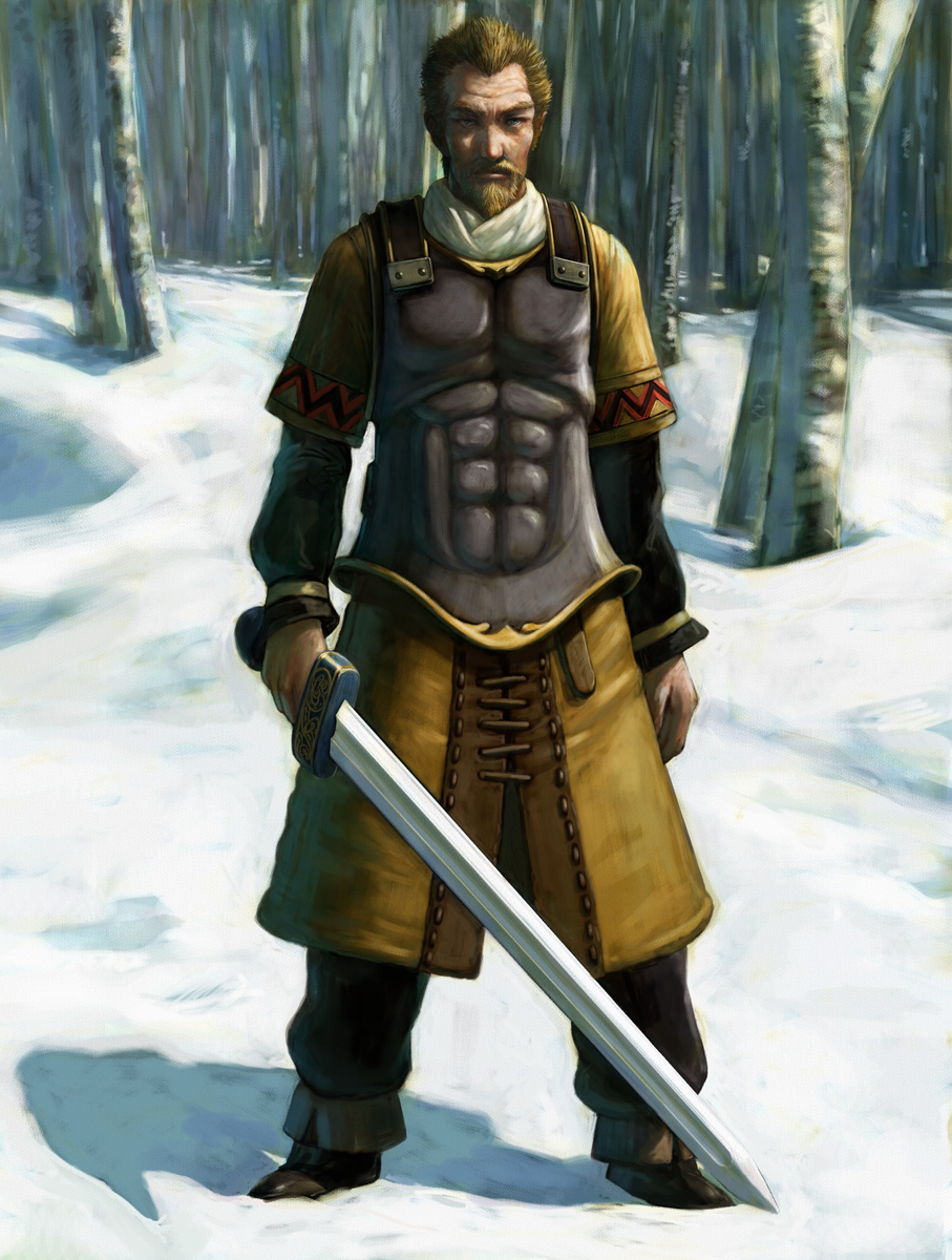 suzuki kensuke, askeladd, vinland saga, bad id, bad pixiv id, highres, 1boy, armor, forest, male focus, manly, nature, realistic, snow, solo, sword, weapon
